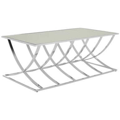 Modern coffee table with glass top and metal frame on a white background