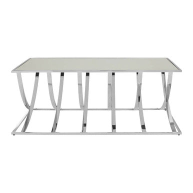 Glass table with metal frame on a white background