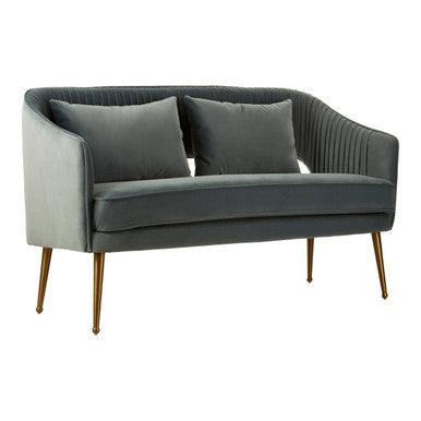 Gray velvet sofa with gold legs on a white background