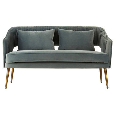 Gray velvet sofa with gold legs on a white background