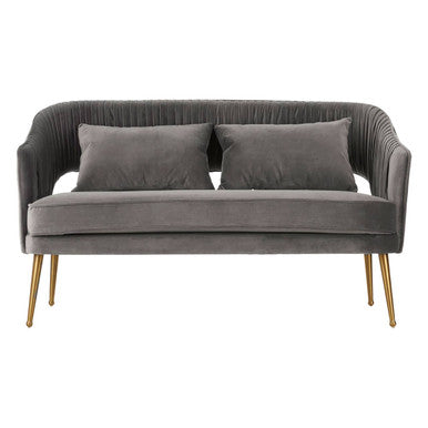 Gray velvet sofa with gold legs on a white background