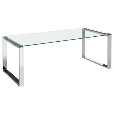 Clear glass coffee table with metal legs on a white background