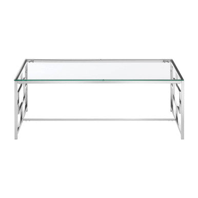 Glass coffee table with metal frame on a white background