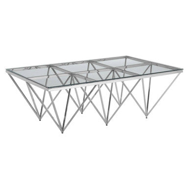 Glass coffee table with metal frame on a white background