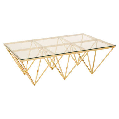Glass coffee table with gold geometric base on a white background