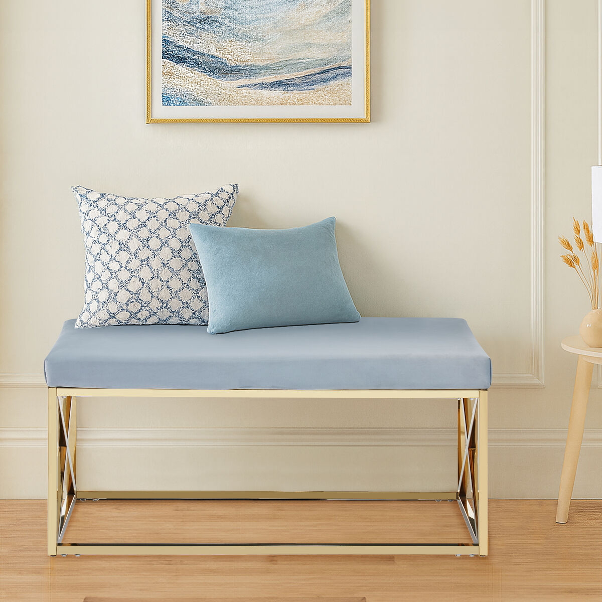 Allure Powder Blue Velvet And Gold Bench