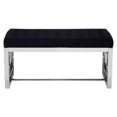 Black tufted bench with chrome frame on a white background