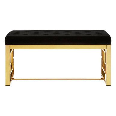 Black upholstered bench with gold frame on a white background