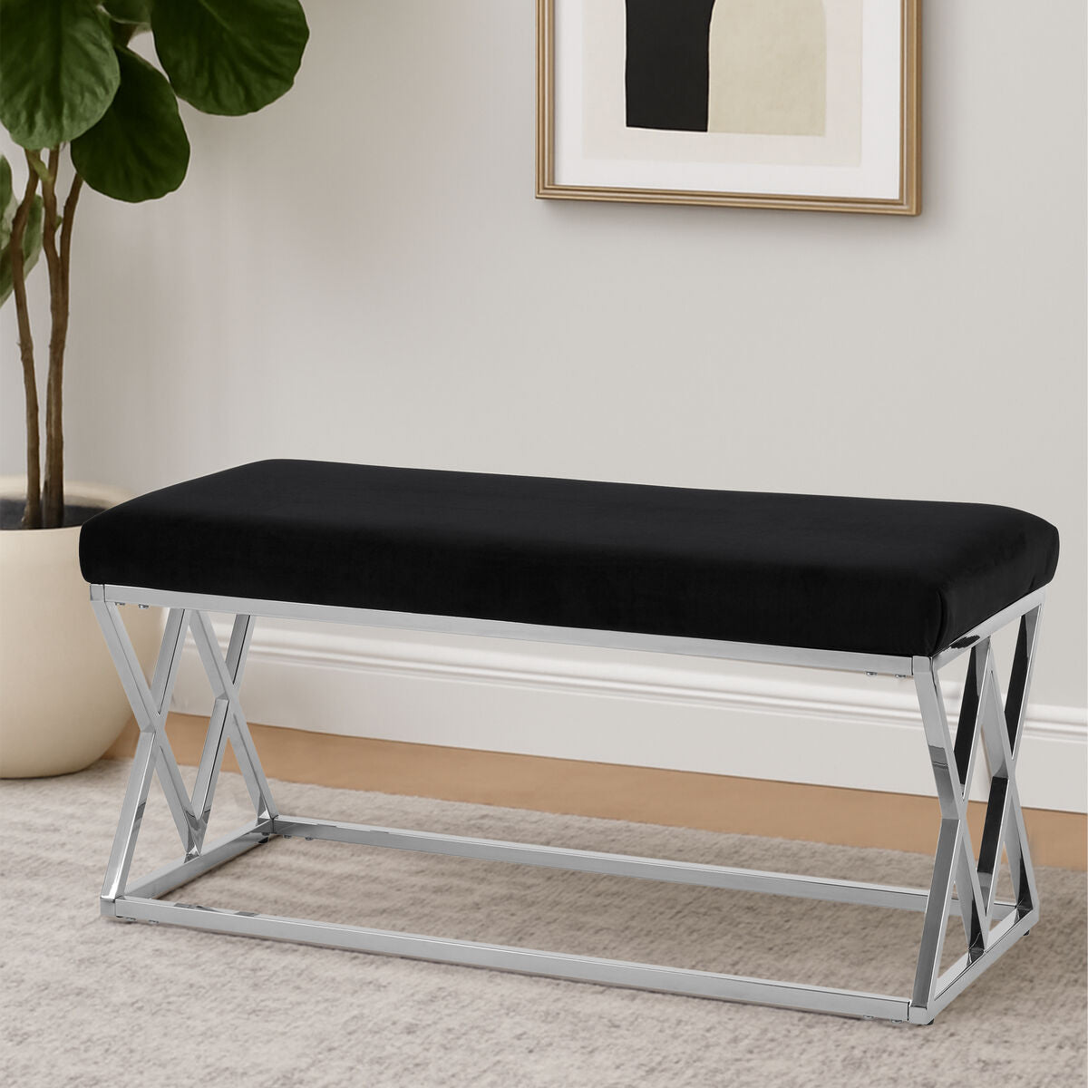 Allure Black Velvet Bench with Silver legs