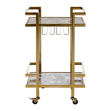 Gold bar cart with marble-patterned shelves on a white background