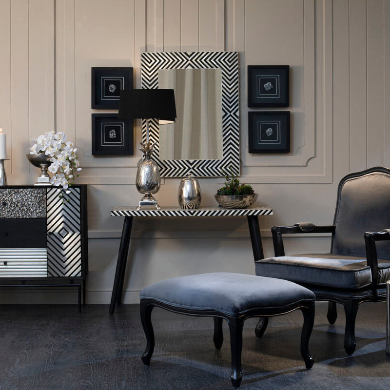 Boho Black and White Bone Inlay Console Table with Metal Legs - Image 3