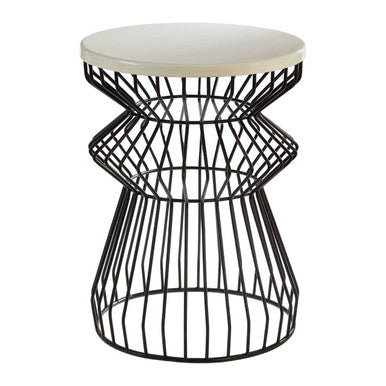 Black wire stool with a white round top on a white background