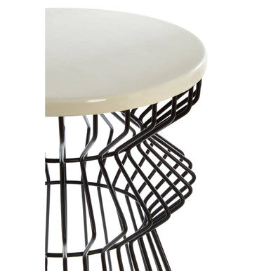 White Top Round Side Table with Black Iron Wire Curved Openwork Base | Corina