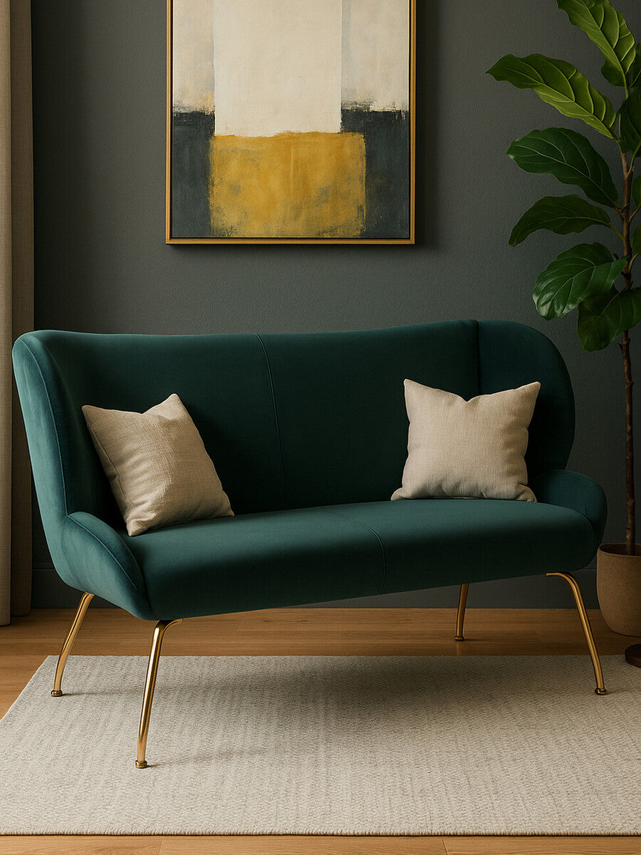 Green sofa with gold legs in a room with abstract art and a plant.