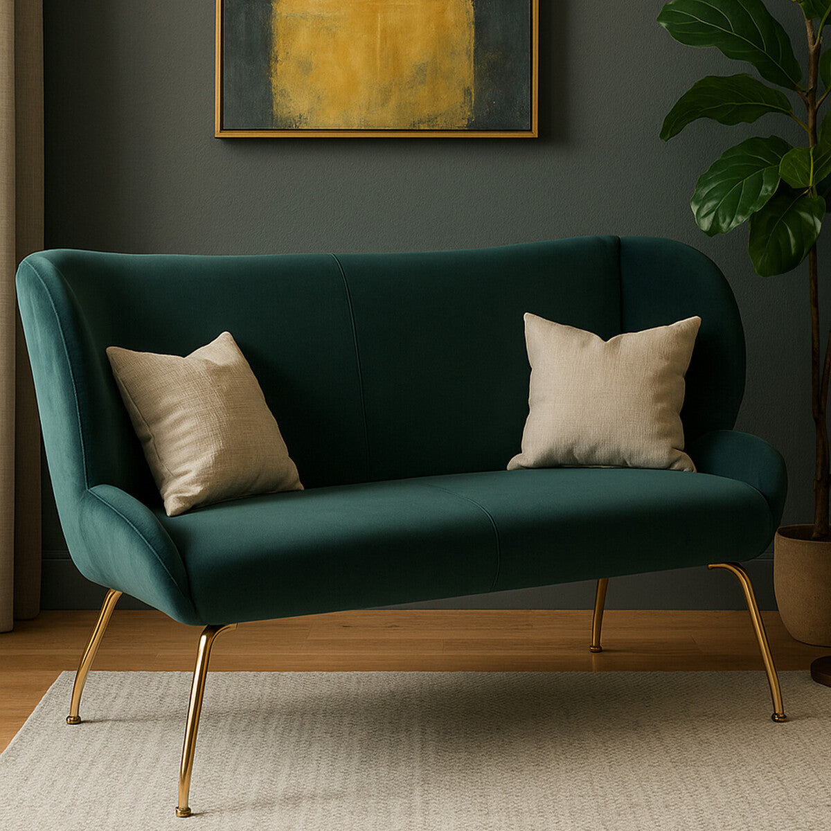 Green sofa with gold legs in a room with a painting and plant
