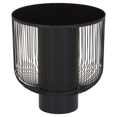 Black Glass Top Round End Table with Matte Black Cylindrical Wireframe Base, Trento
