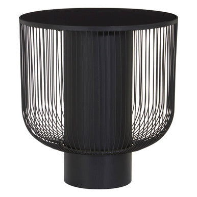 Black Glass Top Round End Table with Matte Black Cylindrical Wireframe Base, Trento
