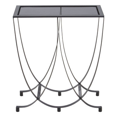 Decorative metal console table with a glass top on a white background