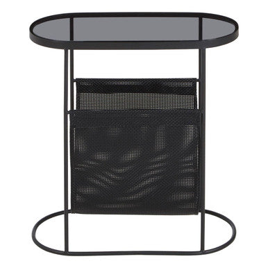 Grey Glass Top Side Table with Black Metal Frame and Hanging Mesh Shelf | Trento