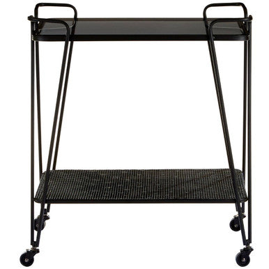 Black metal serving cart with two shelves on a white background