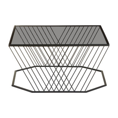 Black wire basket with a geometric design on a white background