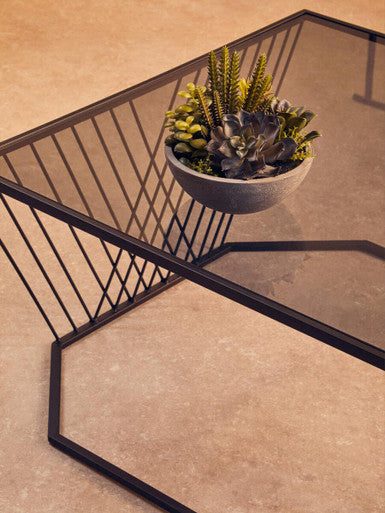 Grey Glass Top Coffee Table with Black Wireframe Design, Trento