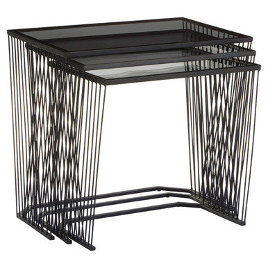 Set of 3 Smoky Grey Glass Tops Nesting Side Tables with Black Metal Wire Frames, Trento