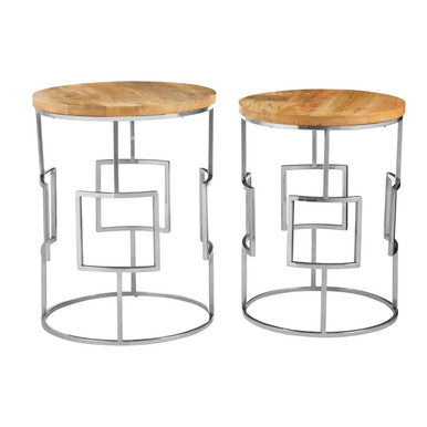 Two round side tables with wooden tops and metal frames on a white background