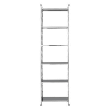 Metal ladder shelf with five shelves on a white background