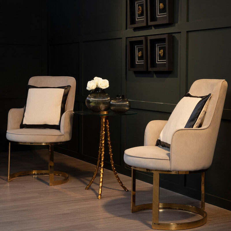 Two beige armchairs with black and white cushions in a darkly paneled