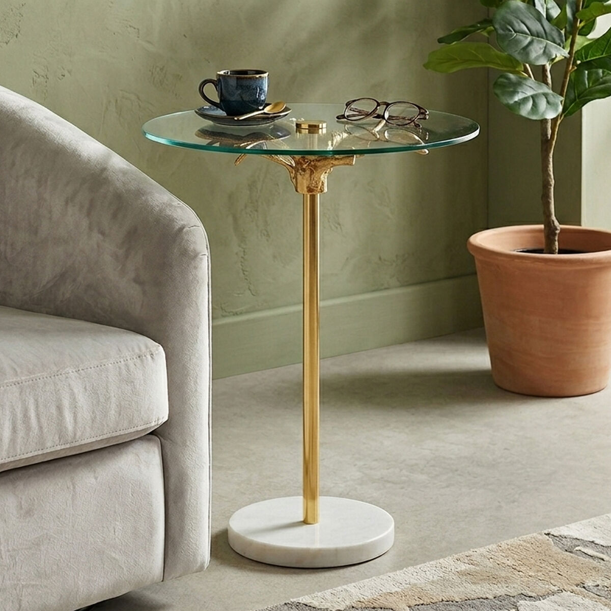Small Round Side Table with Glass Top and Leaf Detailing | Sika