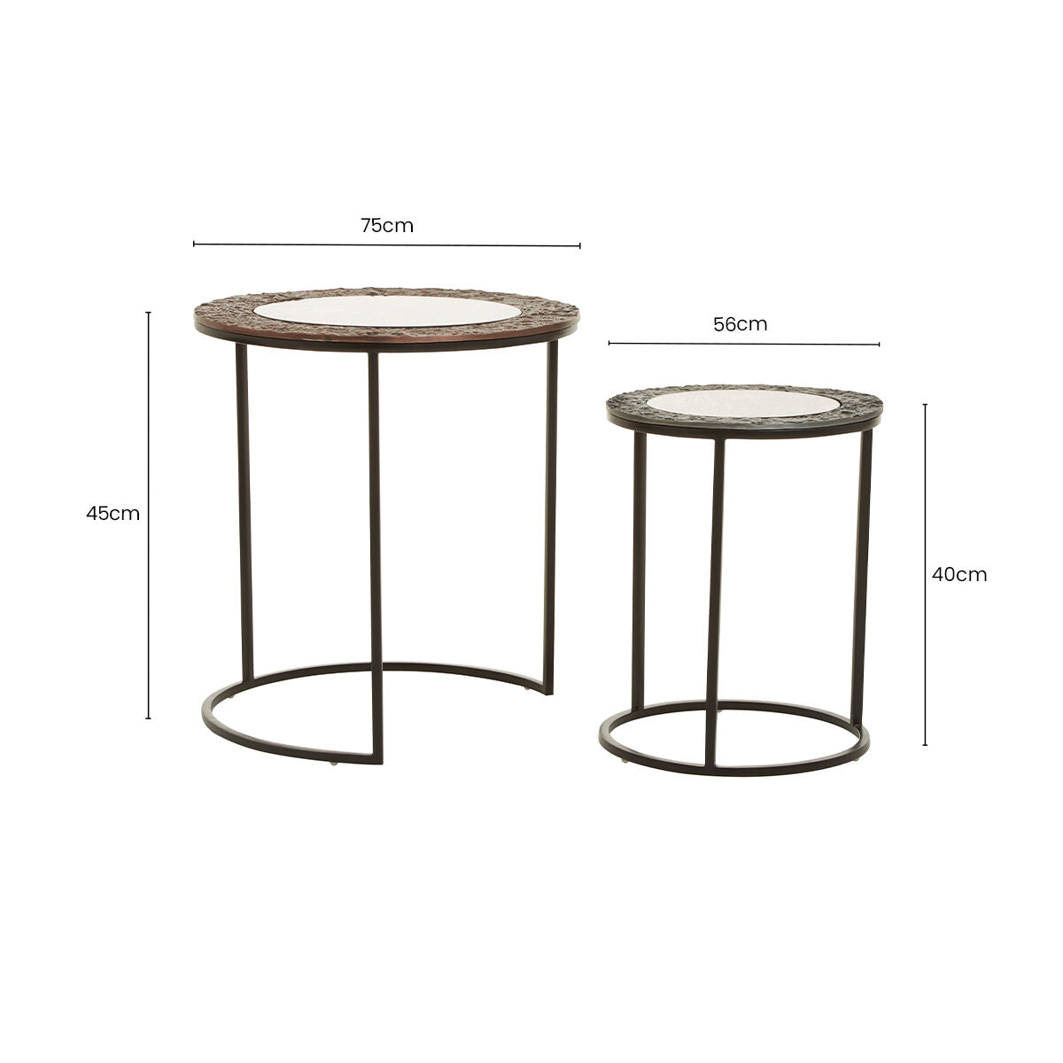 Antique Copper and Gunmetal Set of 2 Round Nesting Side Tables with Antiqued Glass Tops and Black Metal Frame | Akola