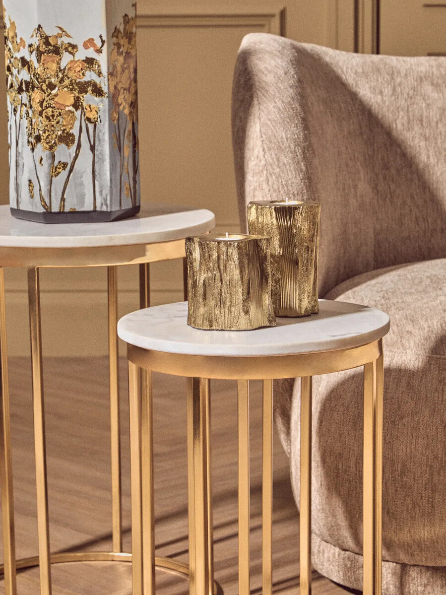 Set of 2 Round White Marble Tops Side Tables with Rich Gold Metal Frame, Templar