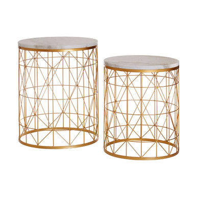Set of 2 White Marble Top Round Side Tables with Gold Geometric Open Frame Bases, Avantis