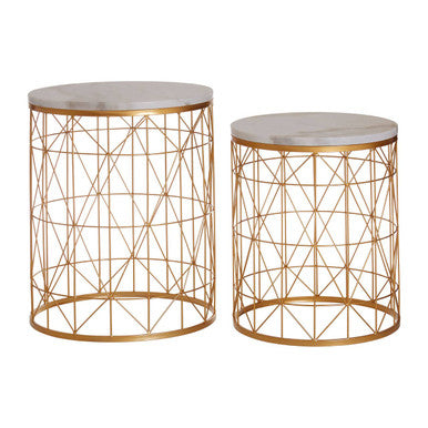 Set of 2 White Marble Top Round Side Tables with Gold Geometric Open Frame Bases, Avantis