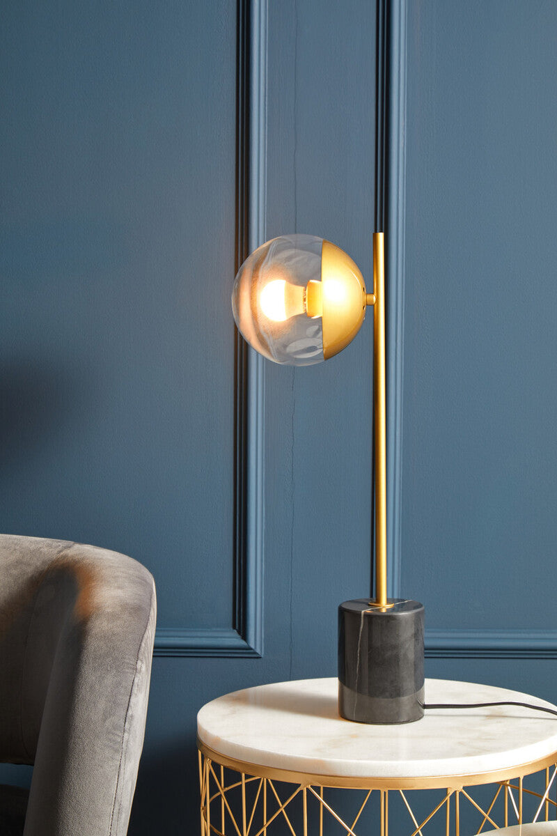 Set of 2 White Marble Top Round Side Tables with Gold Geometric Open Frame Bases, Avantis