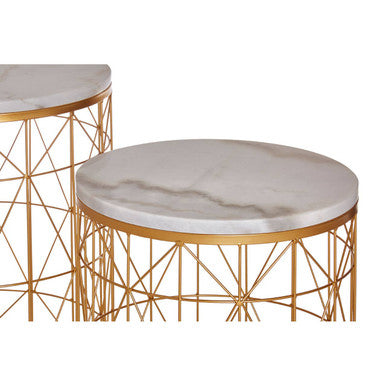 Set of 2 White Marble Top Round Side Tables with Gold Geometric Open Frame Bases, Avantis