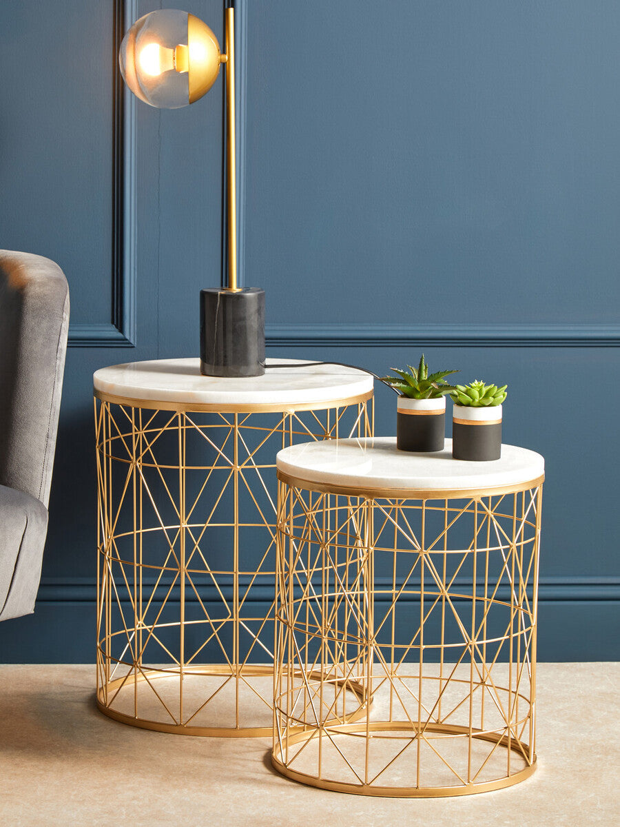 Set of 2 White Marble Top Round Side Tables with Gold Geometric Open Frame Bases, Avantis