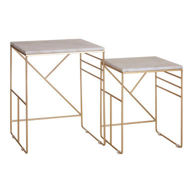 Set of 2 White Marble Square Nesting Tables with Champagne Finish Metallic Legs, Avantis