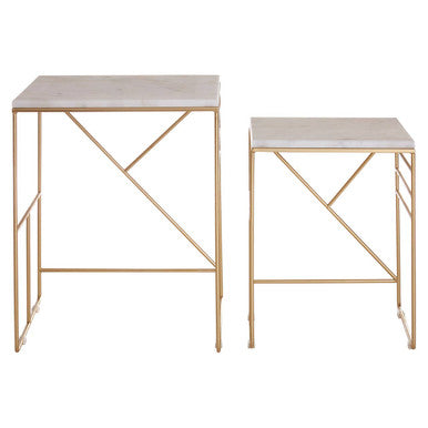Two marble top side tables with gold metal frames on a white background