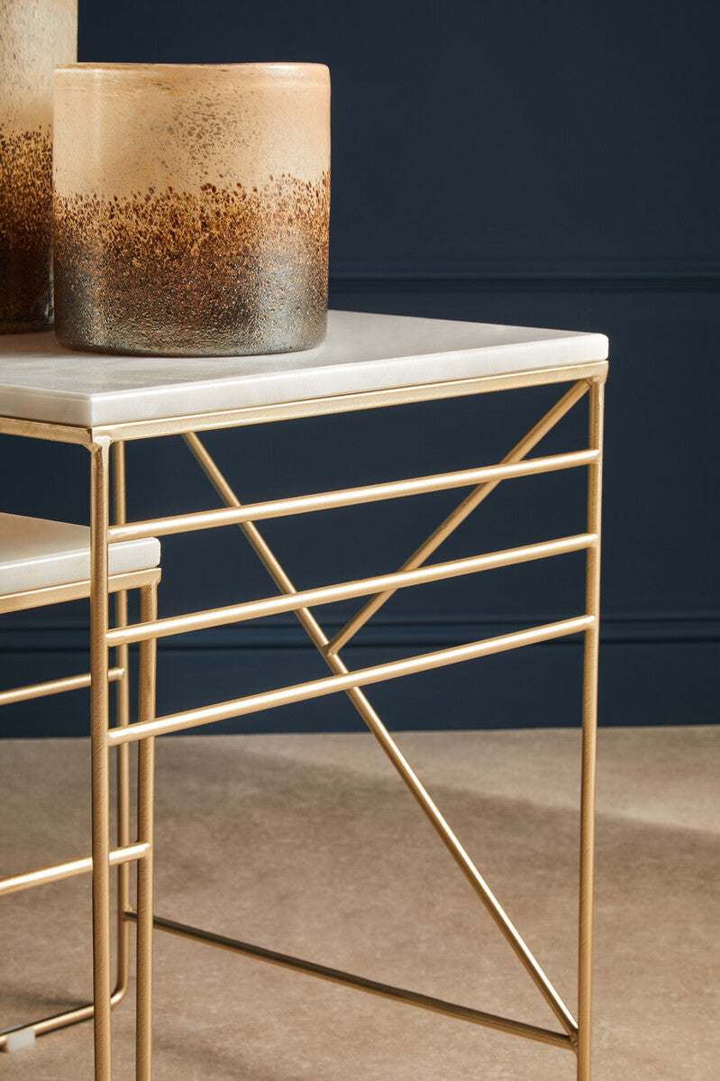 Set of 2 White Marble Square Nesting Tables with Champagne Finish Metallic Legs, Avantis