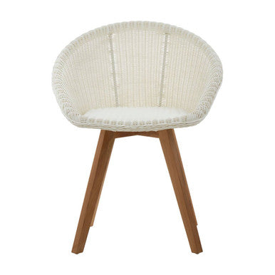 Chair with woven backrest and wooden legs on a white background