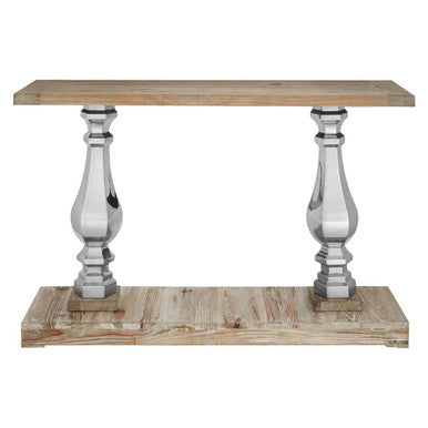 Wooden console table with metallic pedestal legs on a white background