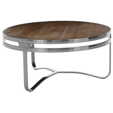 Round coffee table with wooden top and metal frame on a white background