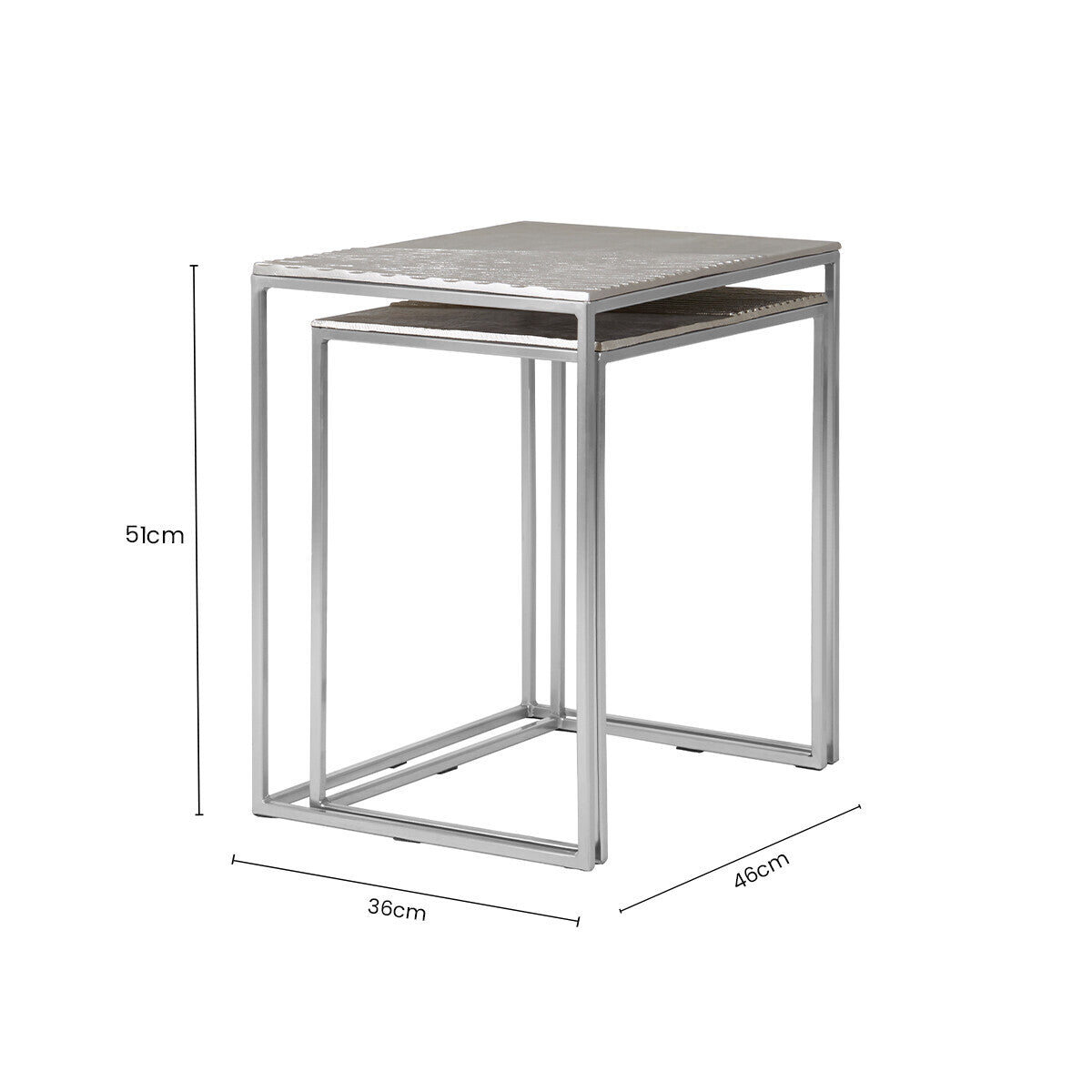 Silver Nickel Set of Two Rectangular Nesting Tables with Textured Aluminium Tops and Sleek Iron Frame | Templar