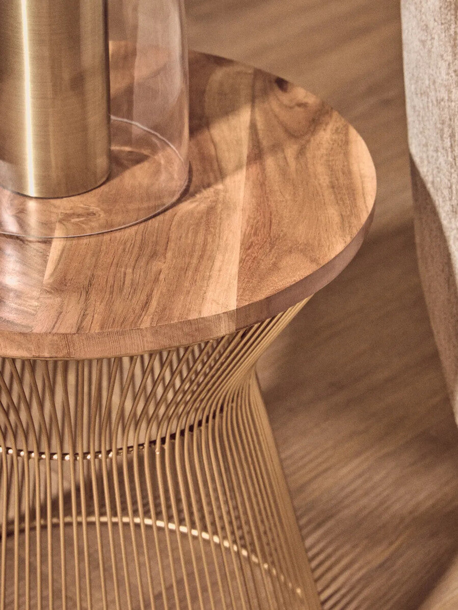 Natural Wood Top Small Coffee Table with Gold Open Wire Hourglass Design Base, Templar