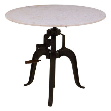 Round table with a marble top and adjustable metal base on a white background