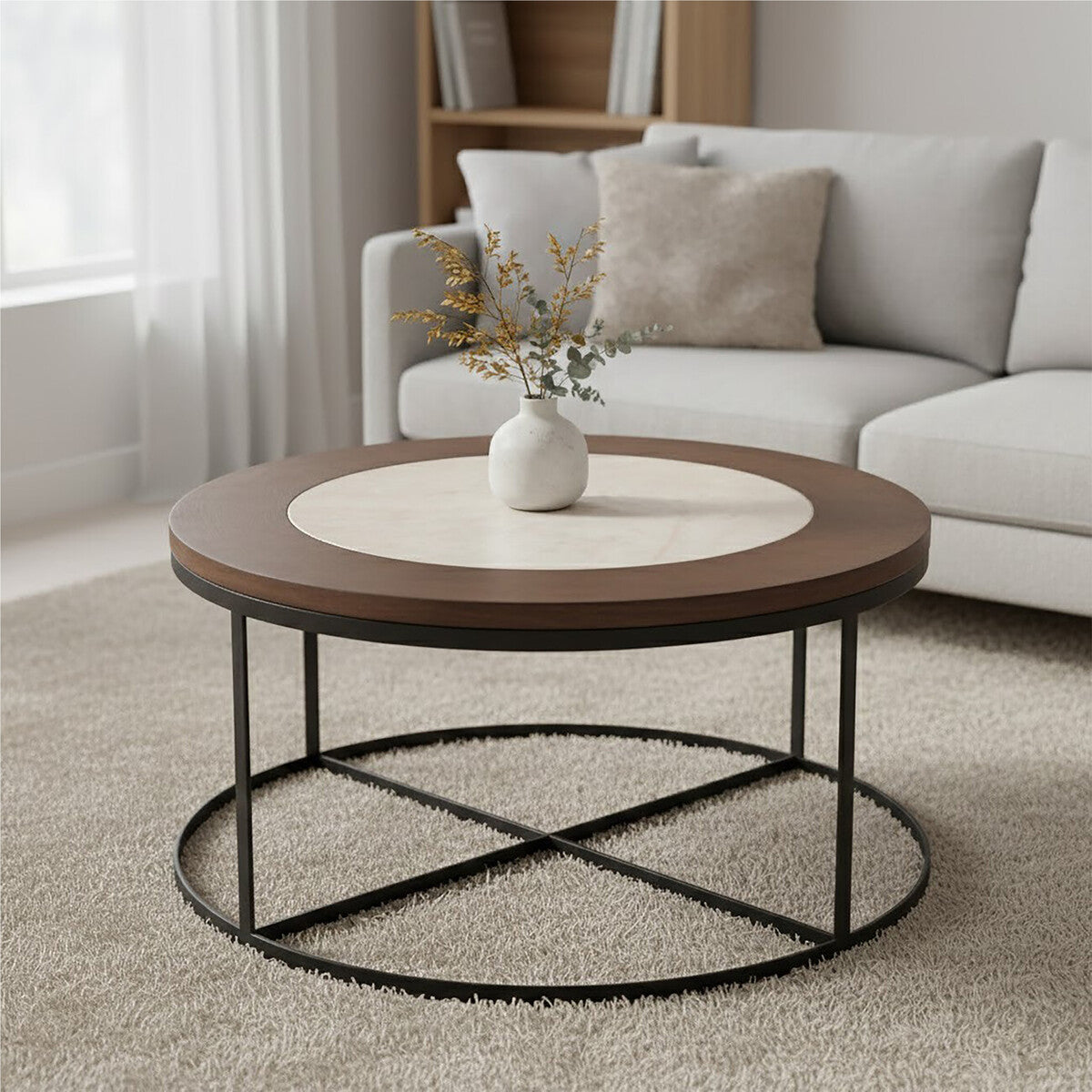 Vasco Wood and Marble Top Coffee Table with Black Iron Base - Image 3