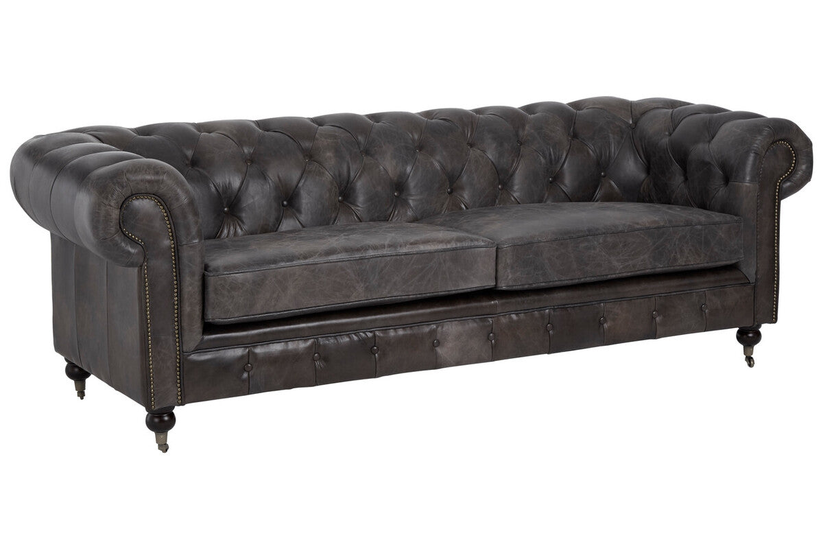 3 Seater Dark Grey Brown Leather Chesterfield Sofa, Victor - Image 3