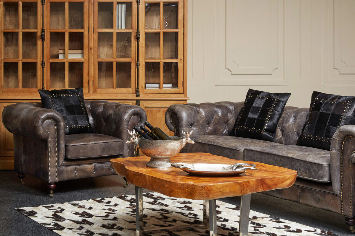 3 Seater Dark Grey Brown Leather Chesterfield Sofa, Victor - Image 8